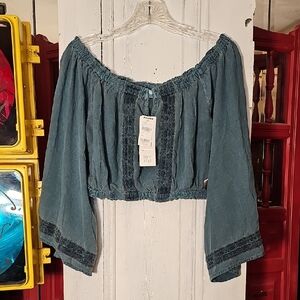 NWT Patrons Of Peace Womens Storm Blue Rayon Off-Shoulder Boho Crop Top Size L